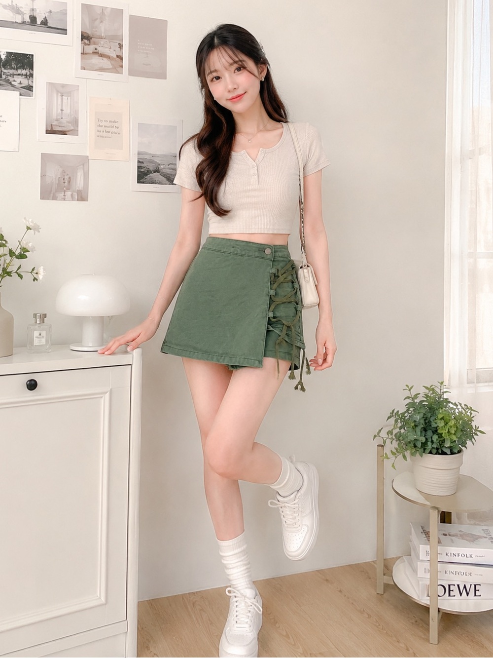 Olive Green Lace-Up Wrap Skort Shorts